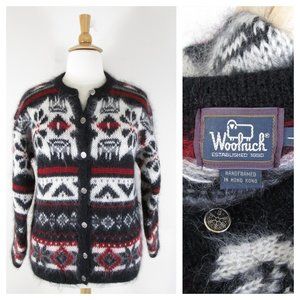 Vintage Woolrich Red Black White Fair Isle Nordic Mohair Sweater L